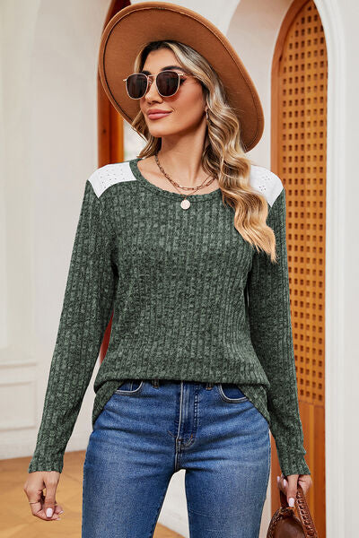Eyelet Ribbed Round Neck Long Sleeve T-Shirt - Charming Charlie