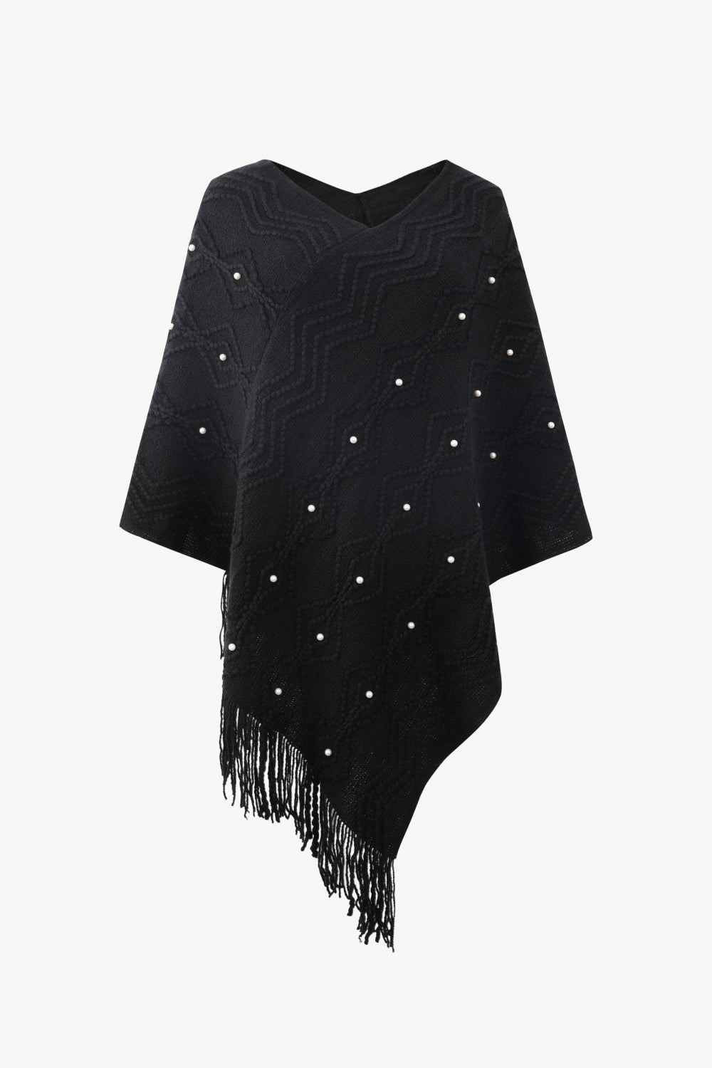 Pearl Trim V-Neck Fringe Hem Poncho - Charming Charlie