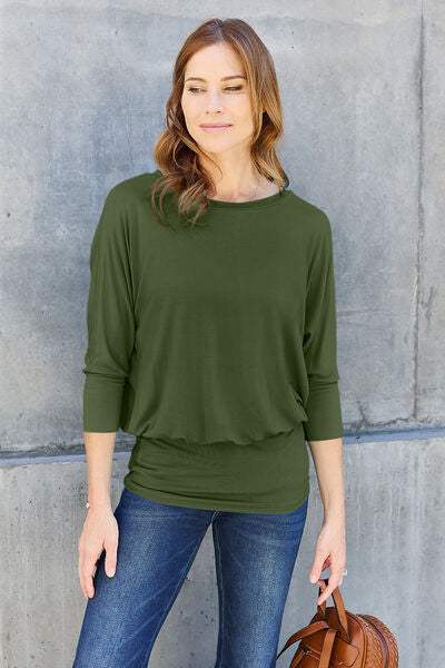 Basic Bae Full Size Round Neck Batwing Sleeve Blouse - Charming Charlie