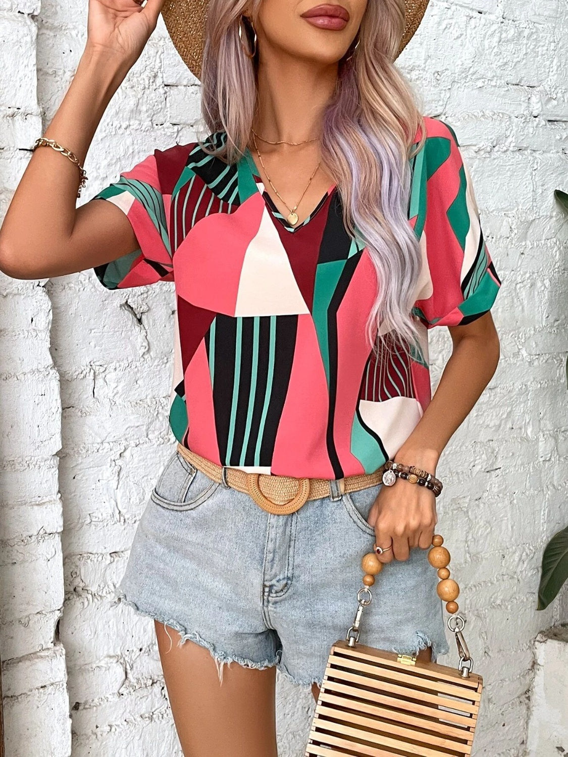 Printed V-Neck Short Sleeve Blouse - Charming Charlie