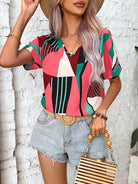 Printed V-Neck Short Sleeve Blouse - Charming Charlie
