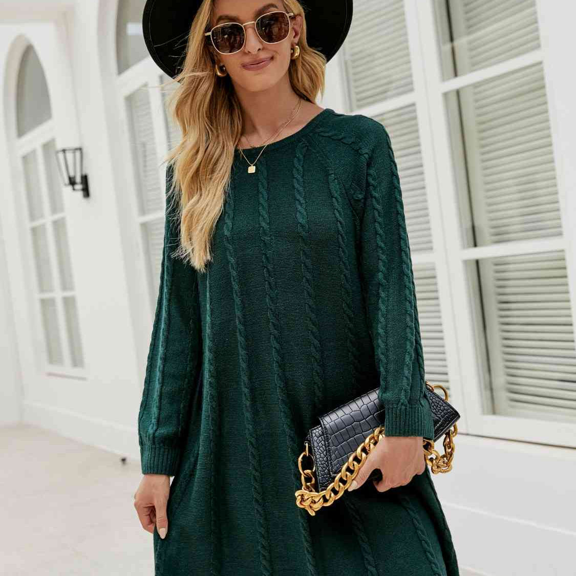 Cable-Knit Long Sleeve Sweater Dress Black Forest / L Cable-Knit Long Sleeve Sweater Dress Black Forest / L