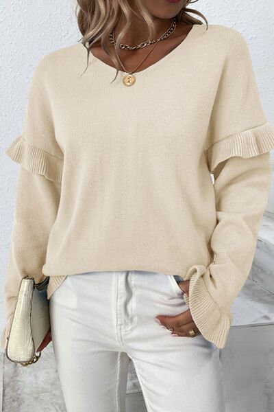V-Neck Ruffle Trim Long Sleeve Sweater - Charming Charlie