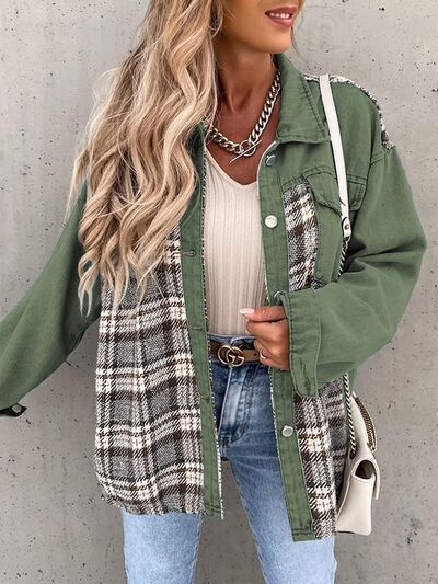 Plaid Button Up Dropped Shoulder Jacket - Charming Charlie