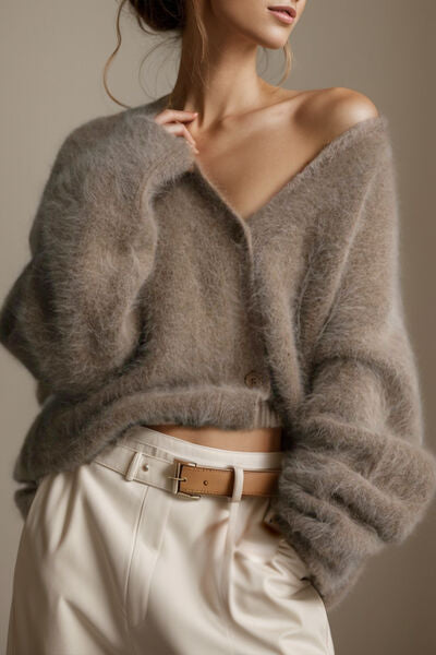 Button-Up Plaid V-Neck Dropped Shoulder Cardigan