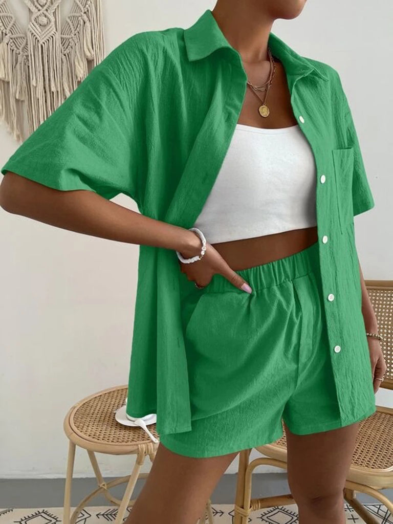 Printed Button Up Shirt and Shorts Set