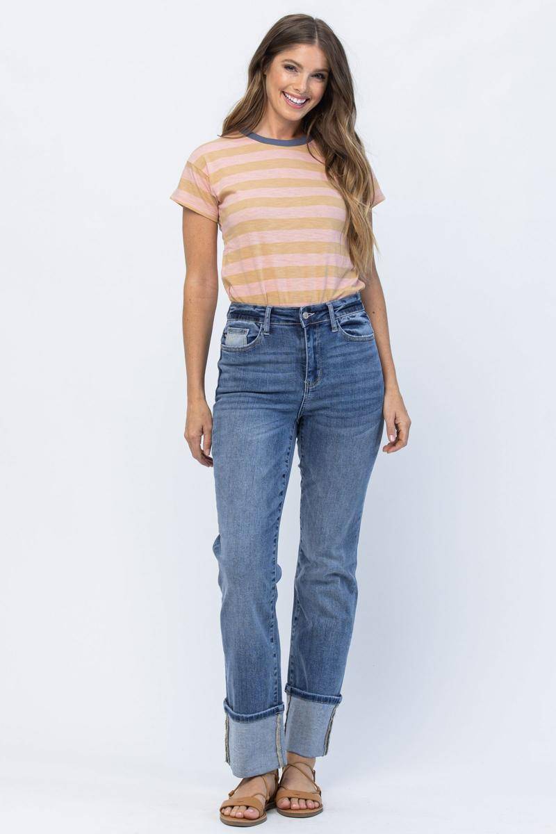Judy Blue High Waist Straight Leg Jeans with Wide Cuff – Charming