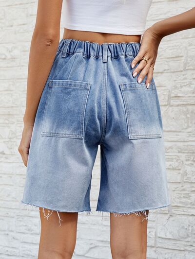 Buttoned Raw Hem Denim Shorts with Pockets - Charming Charlie