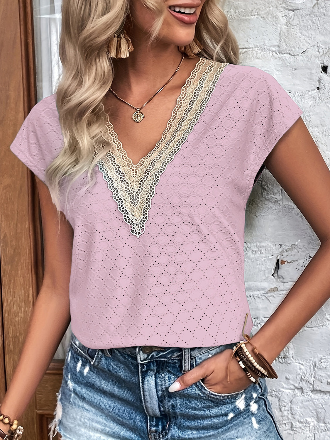 Eyelet V-Neck Cap Sleeve Blouse - Charming Charlie