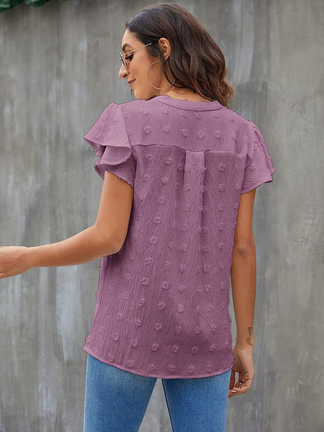 Swiss Dot Notched Cap Sleeve Blouse - Charming Charlie