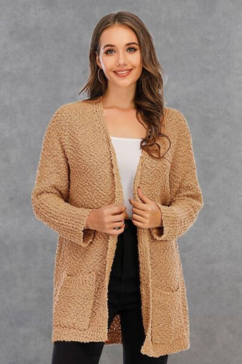 Double Take Pocketed Open Front Long Sleeve Cardigan