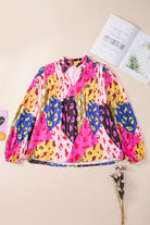 Printed Notched Long Sleeve Blouse - Charming Charlie