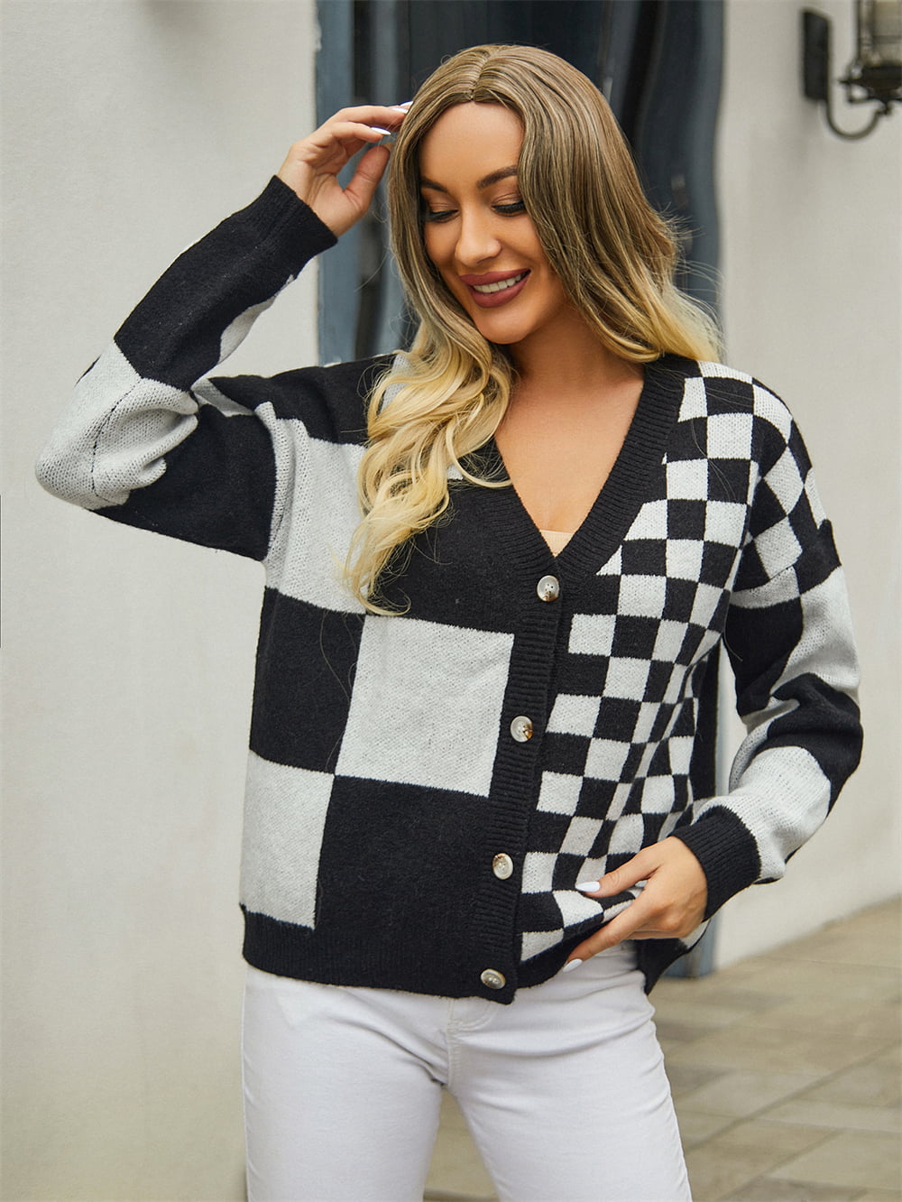 Pull gilet femmes Plaid col en v tricoté Ulzzang S – Grandado