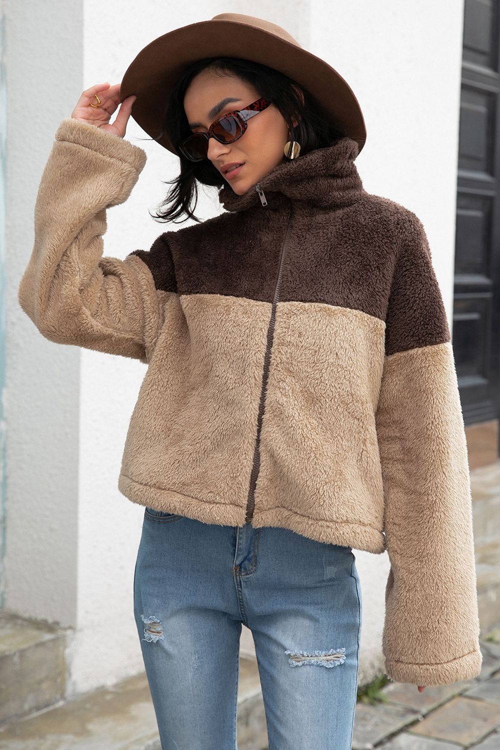 Two-Tone Collared Neck Fuzzy Jacket – Charming Charlie