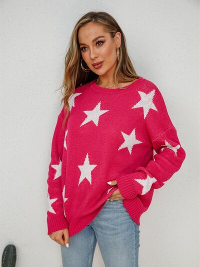 Star Round Neck Dropped Shoulder Sweater - Charming Charlie