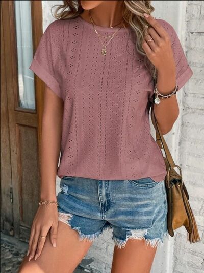 Eyelet Round Neck Short Sleeve T-Shirt - Charming Charlie