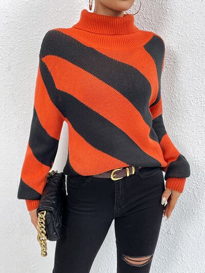 Striped Turtleneck Dropped Shoulder Sweater - Charming Charlie