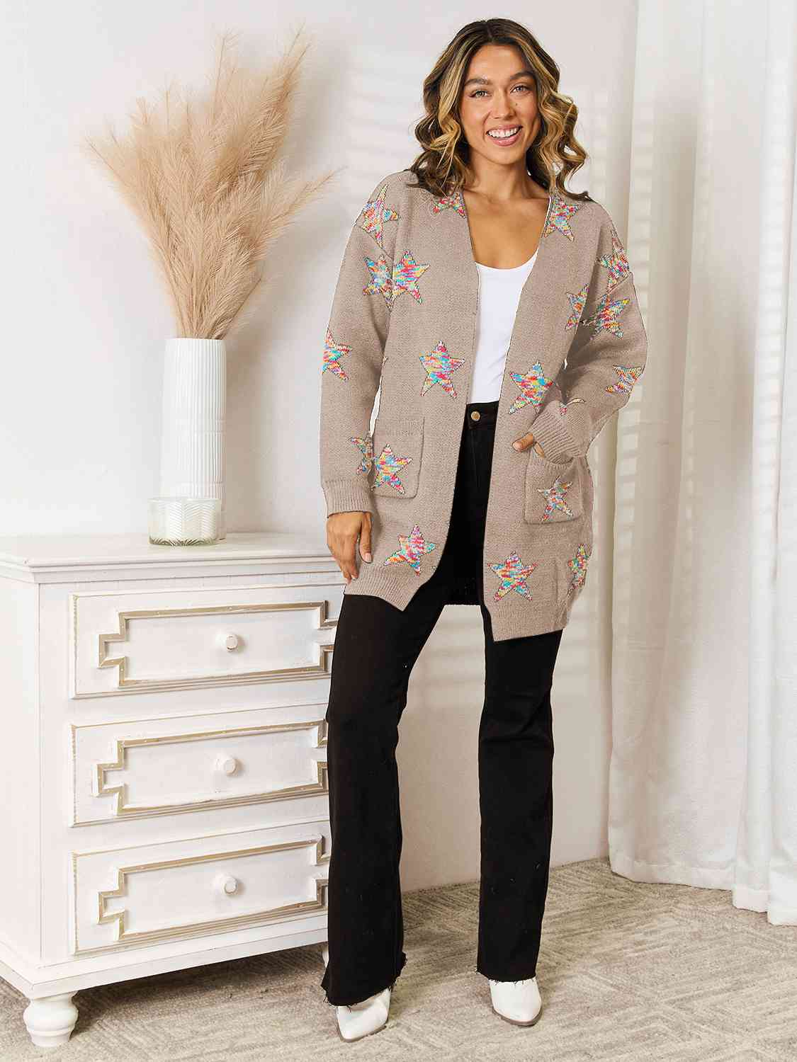 Star Pattern Open Front Cardigan with Pockets – Charming Charlie