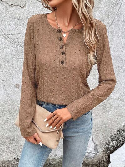 Openwork Half Button Long Sleeve Blouse - Charming Charlie
