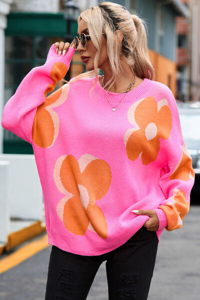 Flower Round Neck Dropped Shoulder Sweater - Charming Charlie
