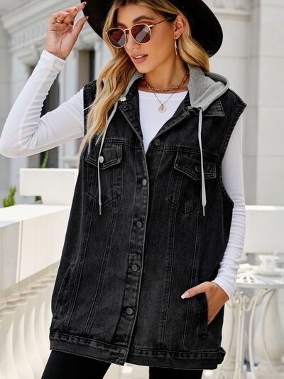 Drawstring Pocketed Button Up Sleeveless Denim Jacket - Charming Charlie