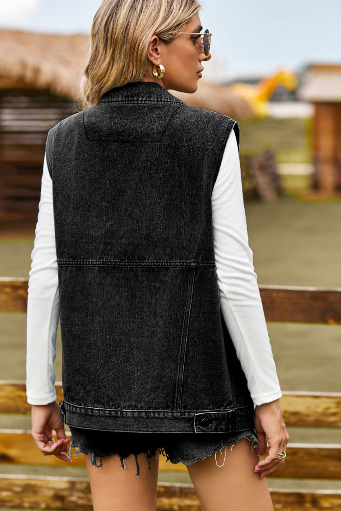 Collared Neck Roll-Tab Sleeve Denim Top