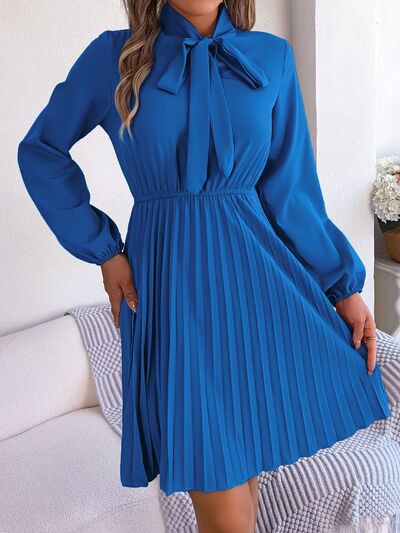 Tie Neck Balloon Sleeve Pleated Dress - Charming Charlie