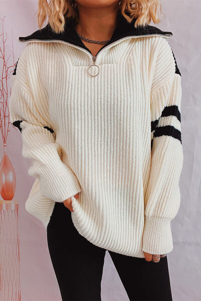 Quarter Zip Striped Dropped Shoulder Sweater - Charming Charlie