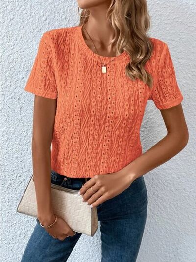 Eyelet Round Neck Short Sleeve T-Shirt - Charming Charlie