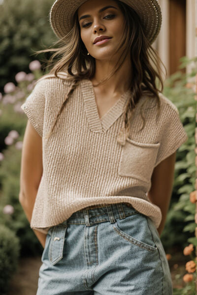 Pocketed V-Neck Cap Sleeve Sweater Vest - Charming Charlie