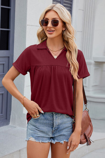Ruched Johnny Collar Short Sleeve Blouse - Charming Charlie
