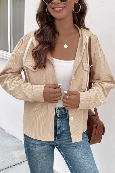 Ribbed Button Up Drawstring Hooded Jacket - Charming Charlie