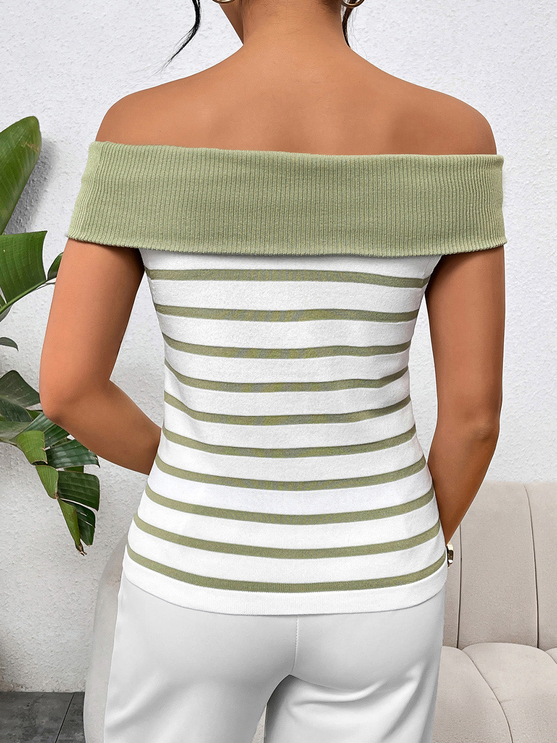 Decorative Button Striped Off-Shoulder Knit Top - Charming Charlie