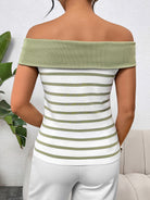 Decorative Button Striped Off-Shoulder Knit Top - Charming Charlie