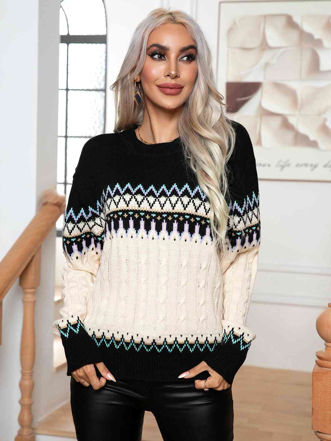 Round Neck Cable-Knit Sweater - Charming Charlie