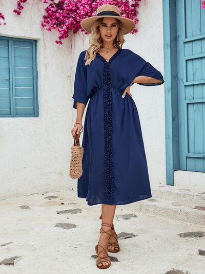 Frill Slit V-Neck Three-Quarter Sleeve Dress - Charming Charlie