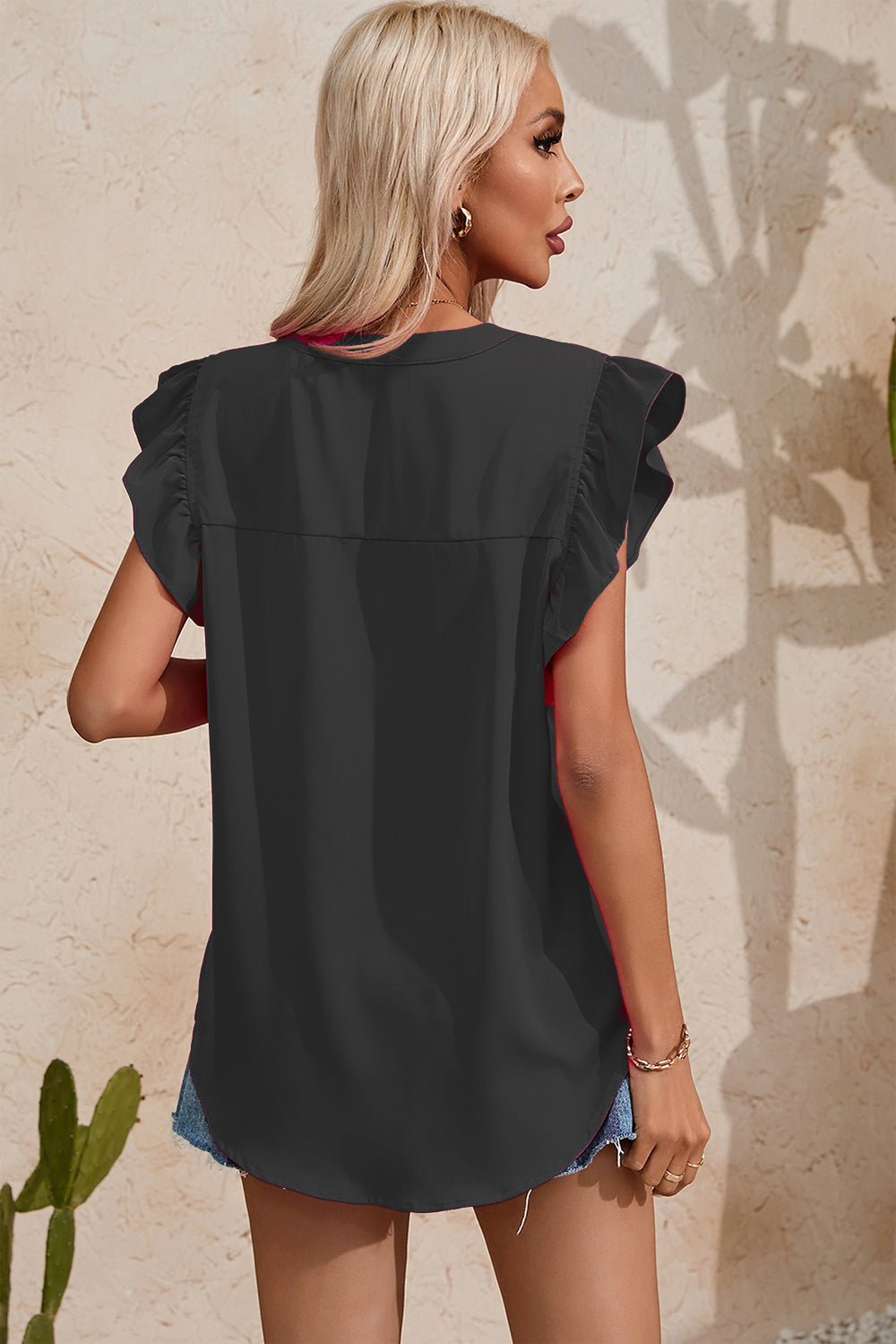 Ruffled Notched Cap Sleeve Blouse - Charming Charlie
