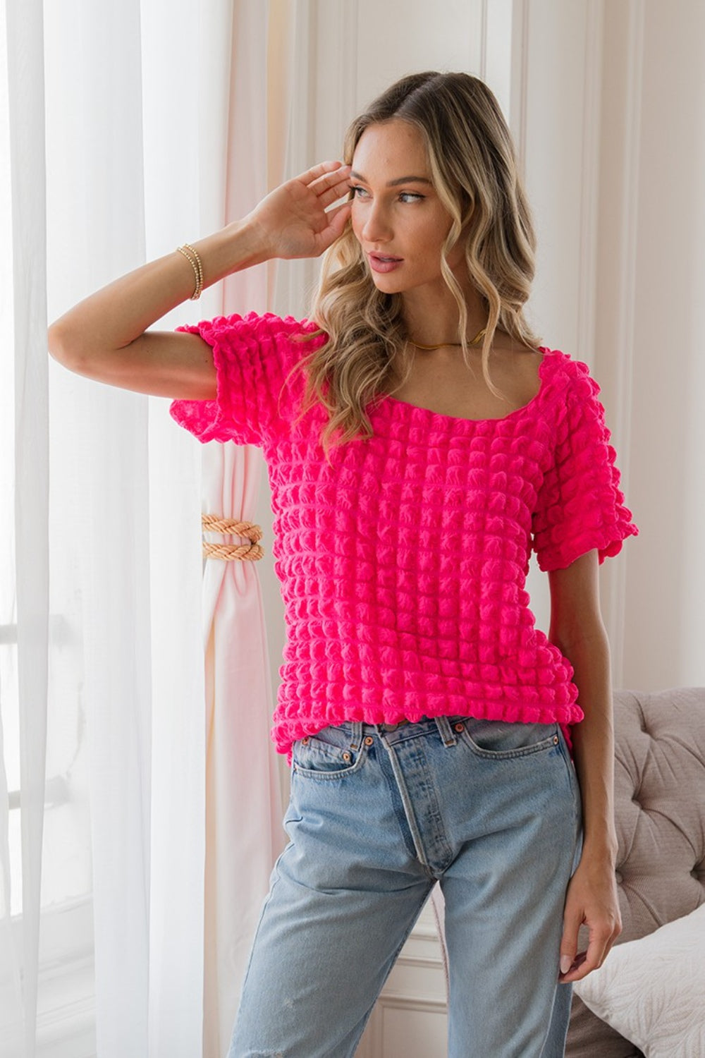 Sew In Love Bubble Textured Round Neck Short Sleeve T-Shirt - Charming Charlie