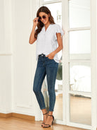 Swiss Dot Notched Cap Sleeve Blouse - Charming Charlie