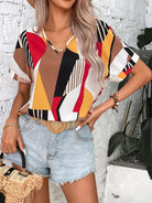 Printed V-Neck Short Sleeve Blouse - Charming Charlie