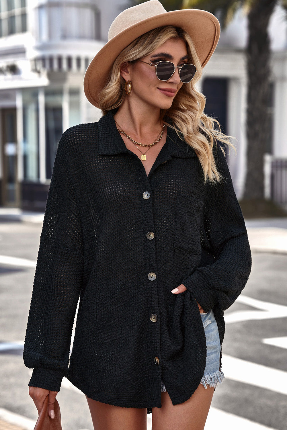 Waffle-Knit Collared Neck Dropped Shoulder Shirt - Charming Charlie
