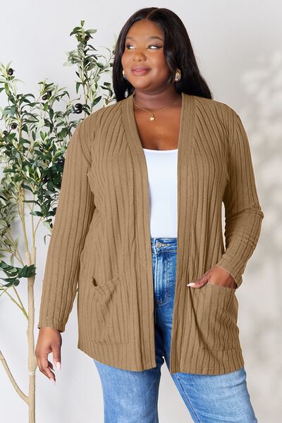 Basic Bae Full Size Ribbed Open Front Cardigan with Pockets - Charming Charlie
