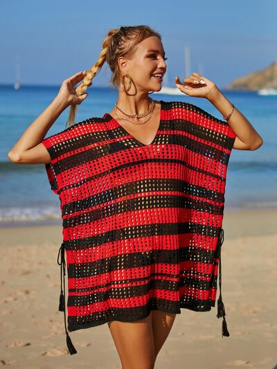 Tassel Openwork Striped V-Neck Cover Up - Charming Charlie