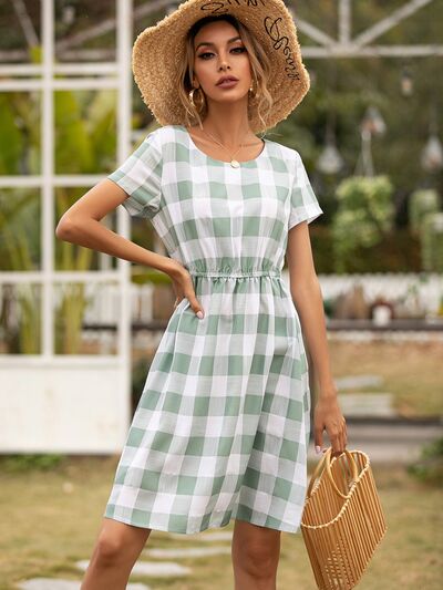 Smocked Plaid Round Neck Short Sleeve Dress - Charming Charlie