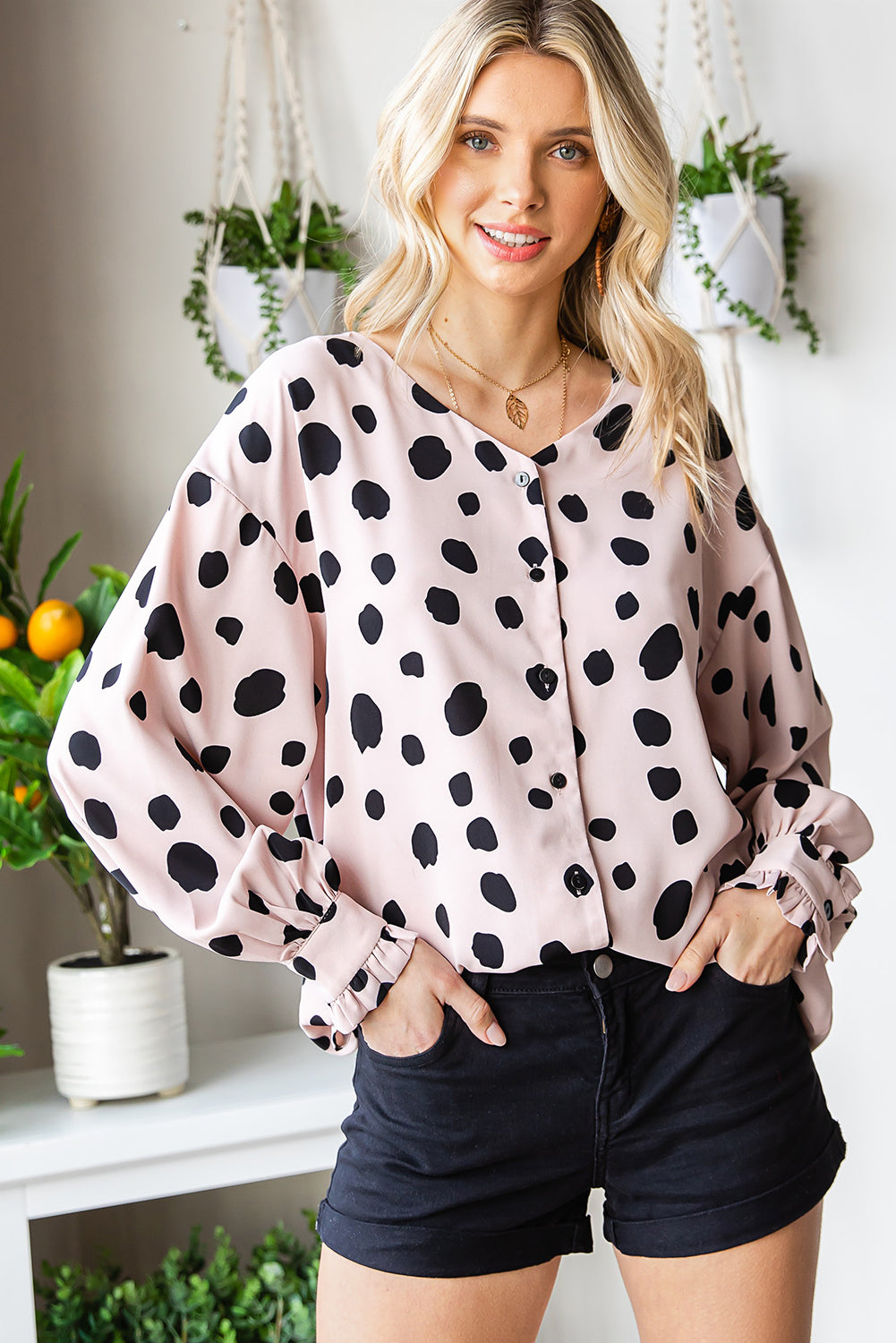 Printed Button Up Flounce Sleeve Shirt - Charming Charlie