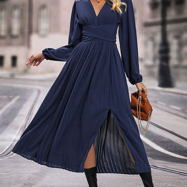 V-Neck Long Sleeve Pleated Slit Dress Dark Navy / S V-Neck Long Sleeve Pleated Slit Dress Dark Navy / S