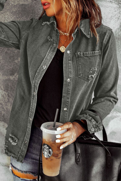 Distressed Raw Hem Snap Down Denim Jacket - Charming Charlie