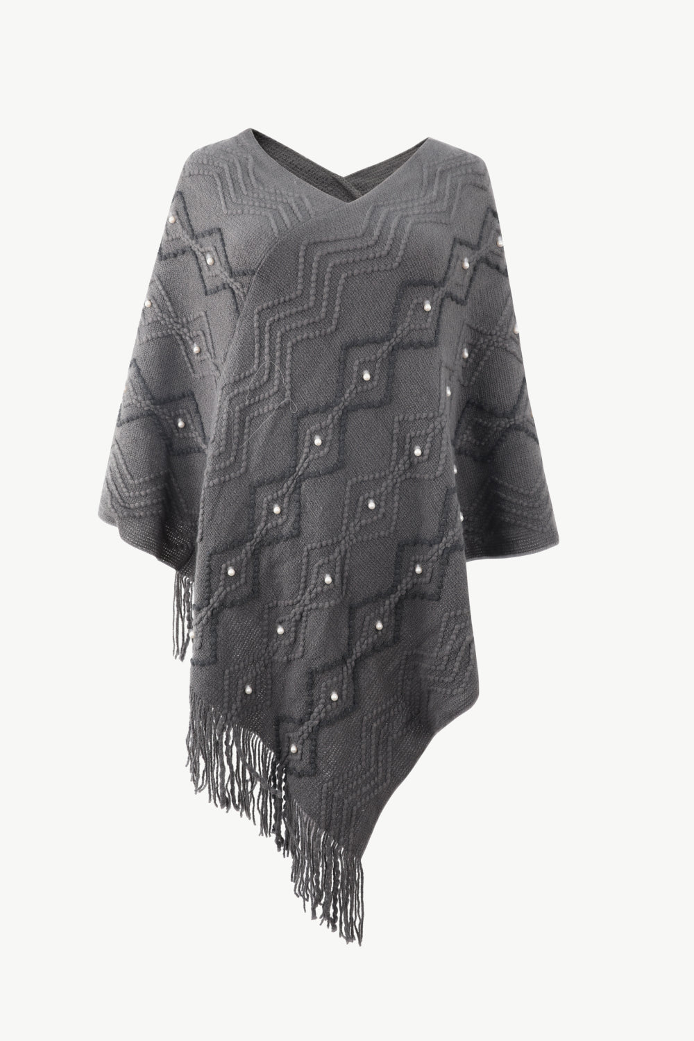 Pearl Trim V-Neck Fringe Hem Poncho - Charming Charlie
