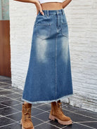 Raw Hem Buttoned Denim Skirt with Pockets - Charming Charlie