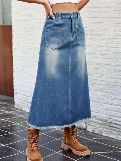 Raw Hem Buttoned Denim Skirt with Pockets - Charming Charlie